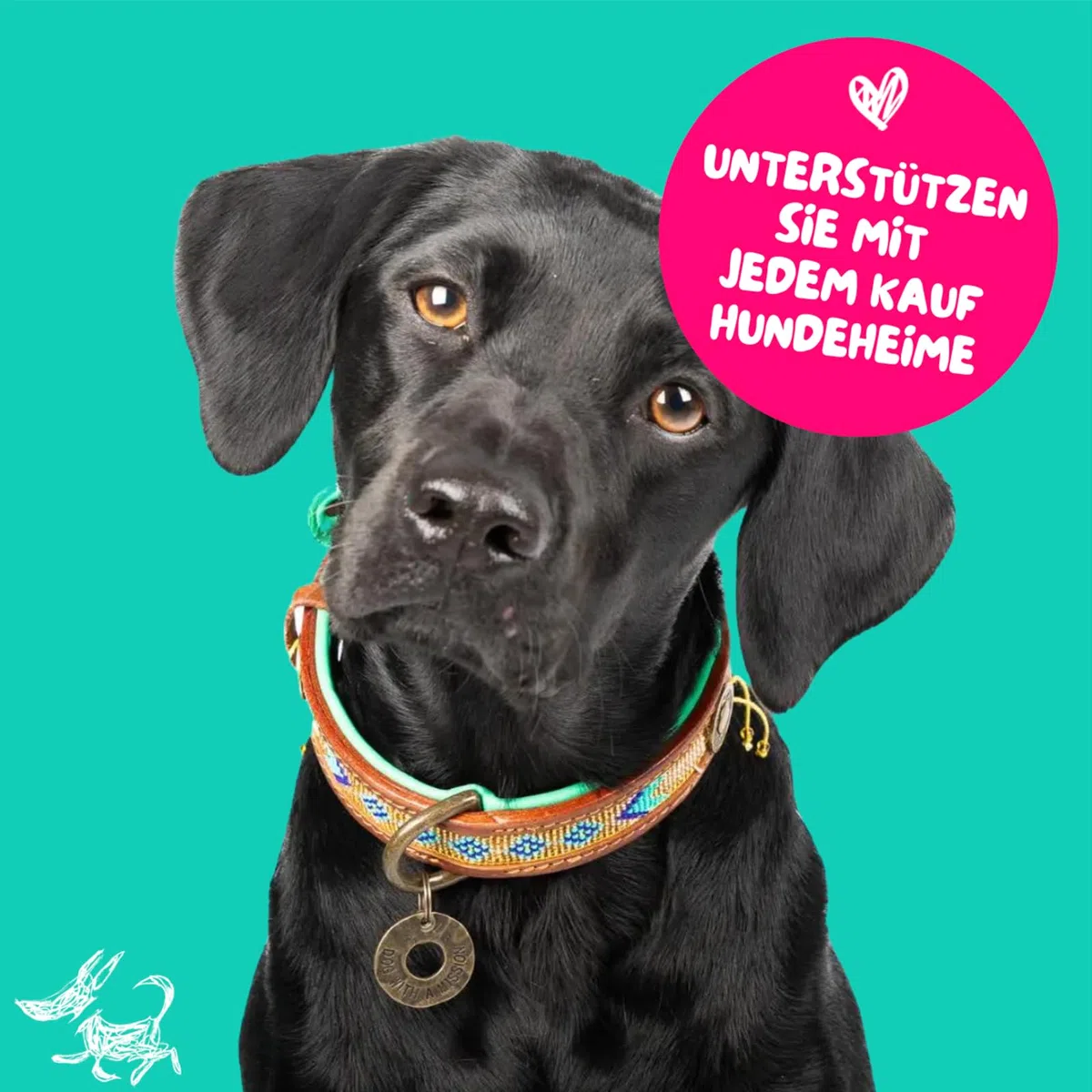 DWAM Dog with a Mission - Hundehalsband XL | Türkis und Gold, geometrisches Perlenmuster | Boho, Ethno, Hippie | Große Hunde | Handgemacht | Modisch und Bunt | Weiches Echtes Leder | 4 cm Breit