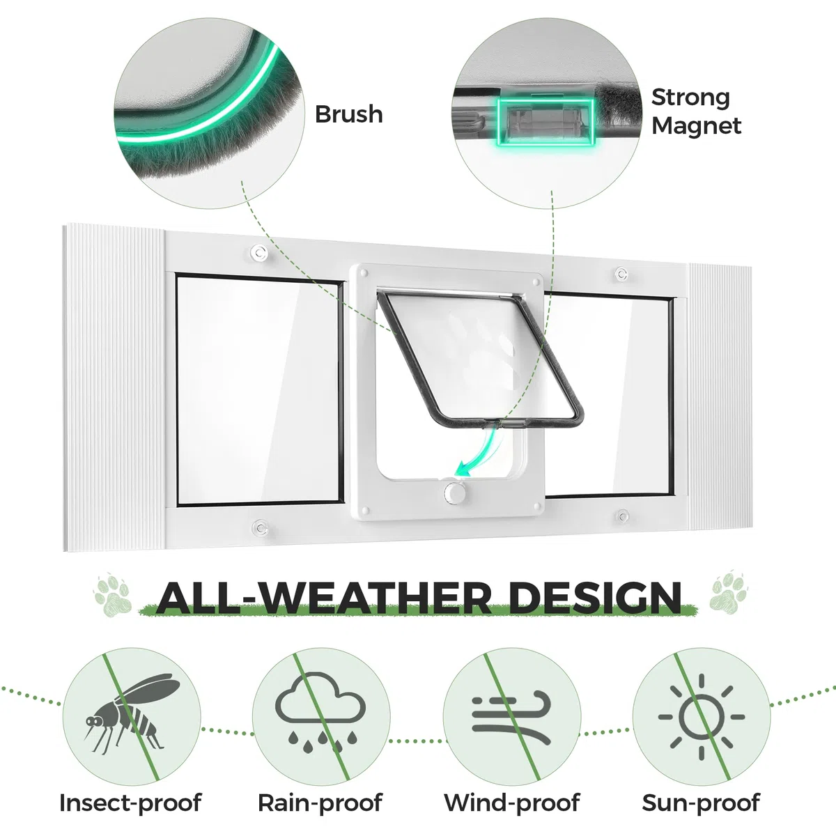 Slevoo Katzentür für Fenster, 10 Minuten, keine Schnittmontage, verstellbare Breite von 58,4 cm - 71,1 cm, verbessertes 4-Modi-Knaufschloss, wetterfester Aluminiumrahmen, Katzentür-Fenstereinsatz für