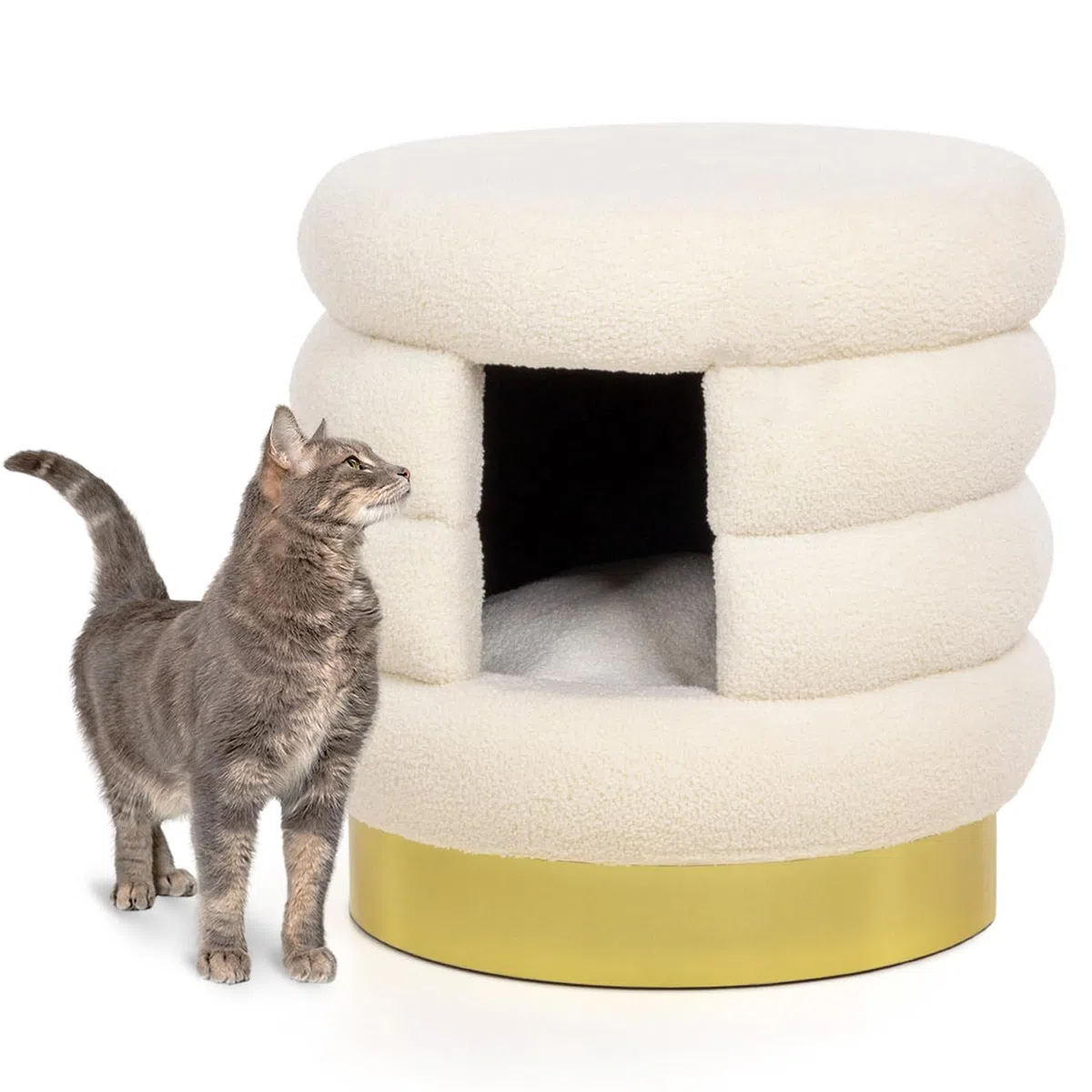 CanadianCat Company | Katzenbett Choupette - Design-Katzenhöhle | Teddy weiß-Gold | ca. 58 x 58 x 59 cm
