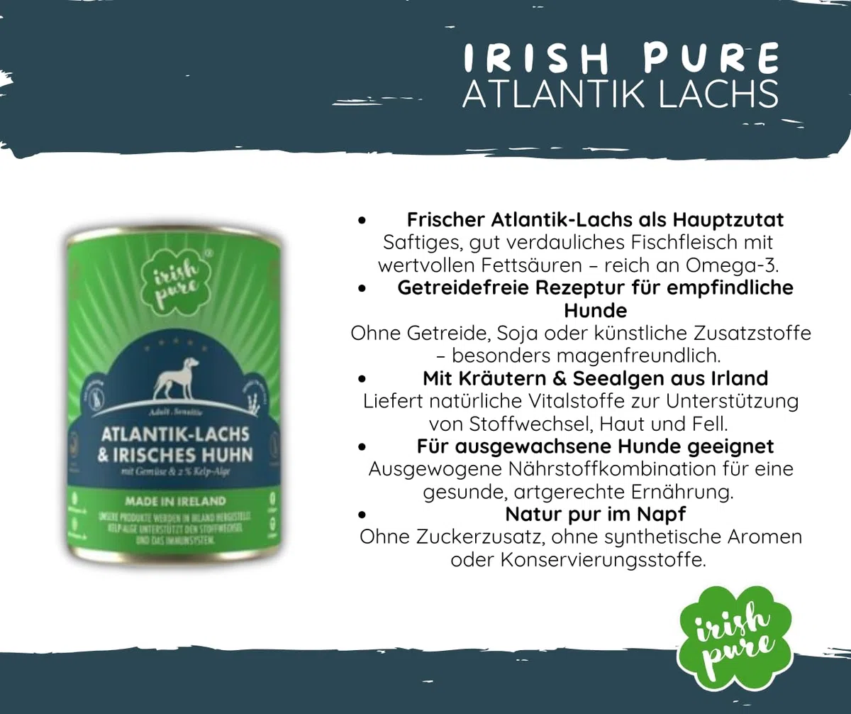 Irish Pure Atlantik Lachs Adult - Hundefutter - 12kg + 6x390g - getreidefreies Trockenfutter & Nassfutter – hypoallergen mit Kelp-Alge & Gemüse – Single Protein – natürlich & sensibel - Sparpaket