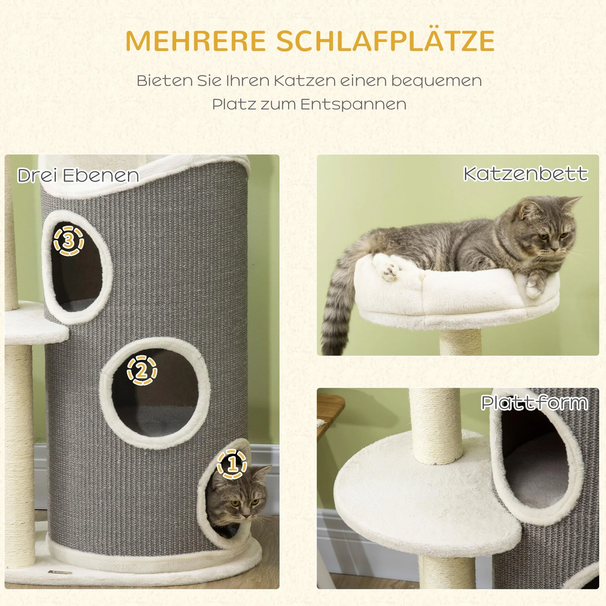 PawHut Kratzbaum 109 cm mit Kratztonne für Katzen unter 5 kg Weiß+Grau | Katzenbett, Sisalstämme, Mehrstöckiger Katzenkratzbaum, Kletterbaum