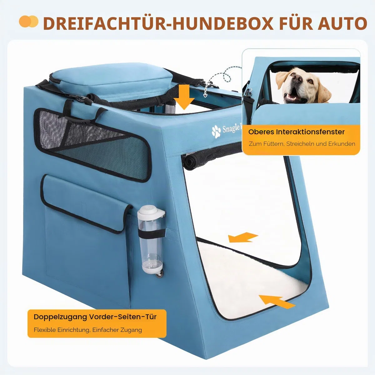 Snagle Paw Tragbare Hundebox für Autoreisen, zusammenklappbare große Hundebox mit Metallrahmen und 3-türigen Netzfenstern, sichert im Kofferraum/Rücksitz, weichseitige Transportbox für mittelgroße und
