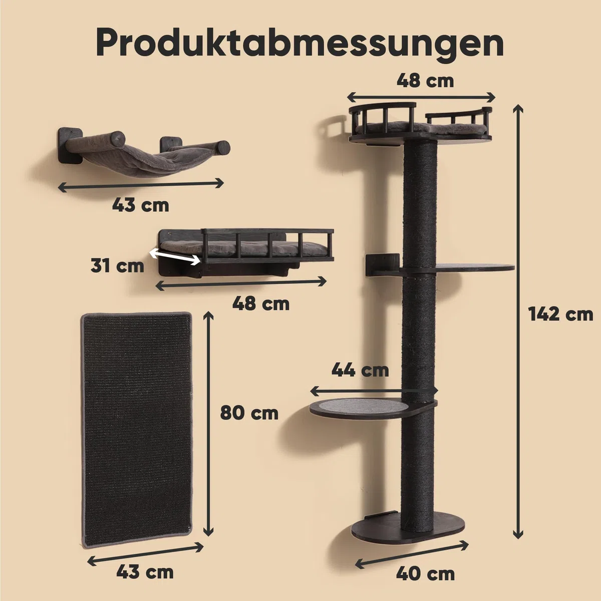 FUKUMARU Kletterwand Katzen-Set, 4 in 1 stabiles Wandmöbel aus mehrschichtigem Holz mit Hängematte, Wandregalen, Kratzbaum und Sisalmatte – Platzsparende Kletterwand (Schwarz)