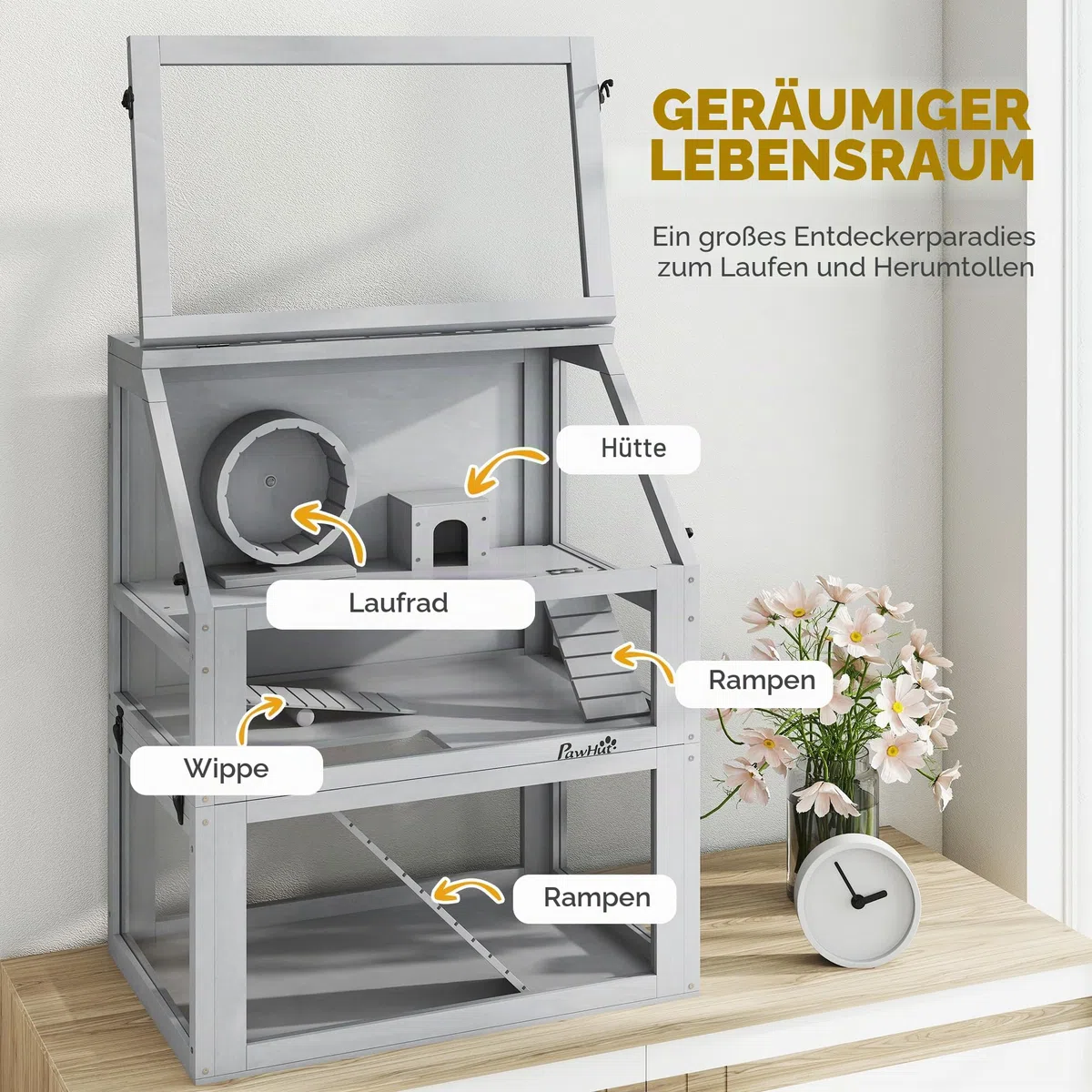 PawHut Hamsterkäfig aus Holz, 3 Etagen, Rennmauskäfig mit abnehmbarem 32 cm tiefem Boden, Hütte, Wippe, Laufrad, Rampen, Hellgrau