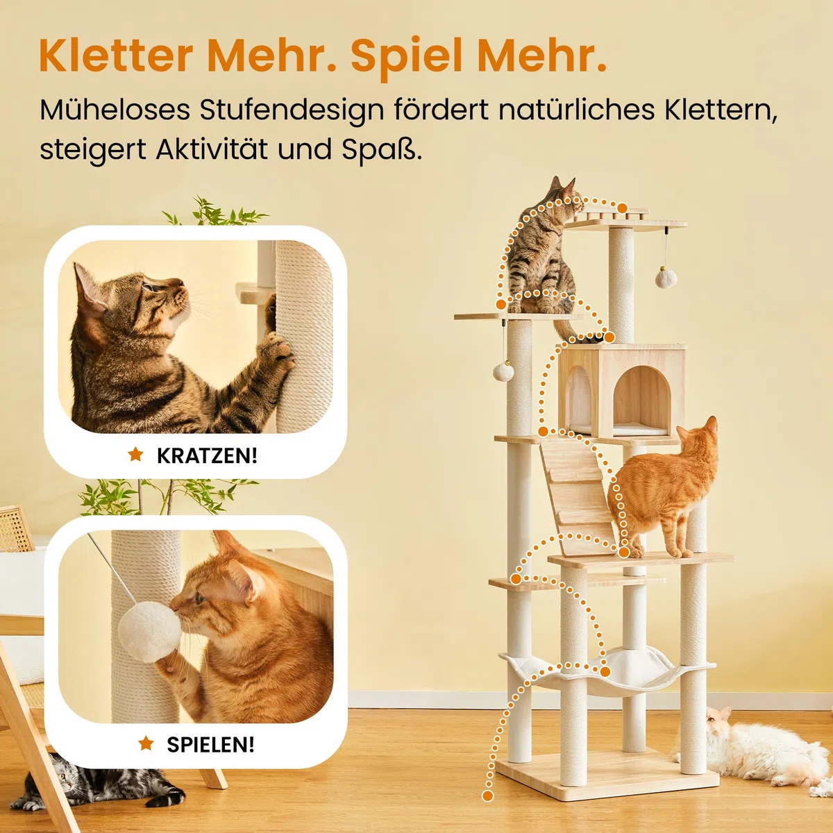 Kratzbaum, 163 cm hoch, moderner Katzenbaum in Hellholzoptik, mehrstöckiges Katzenhaus mit Höhle, 7 Kratzsäulen, 2 Liegemulden, Hängematte und 2 Plüschbällen