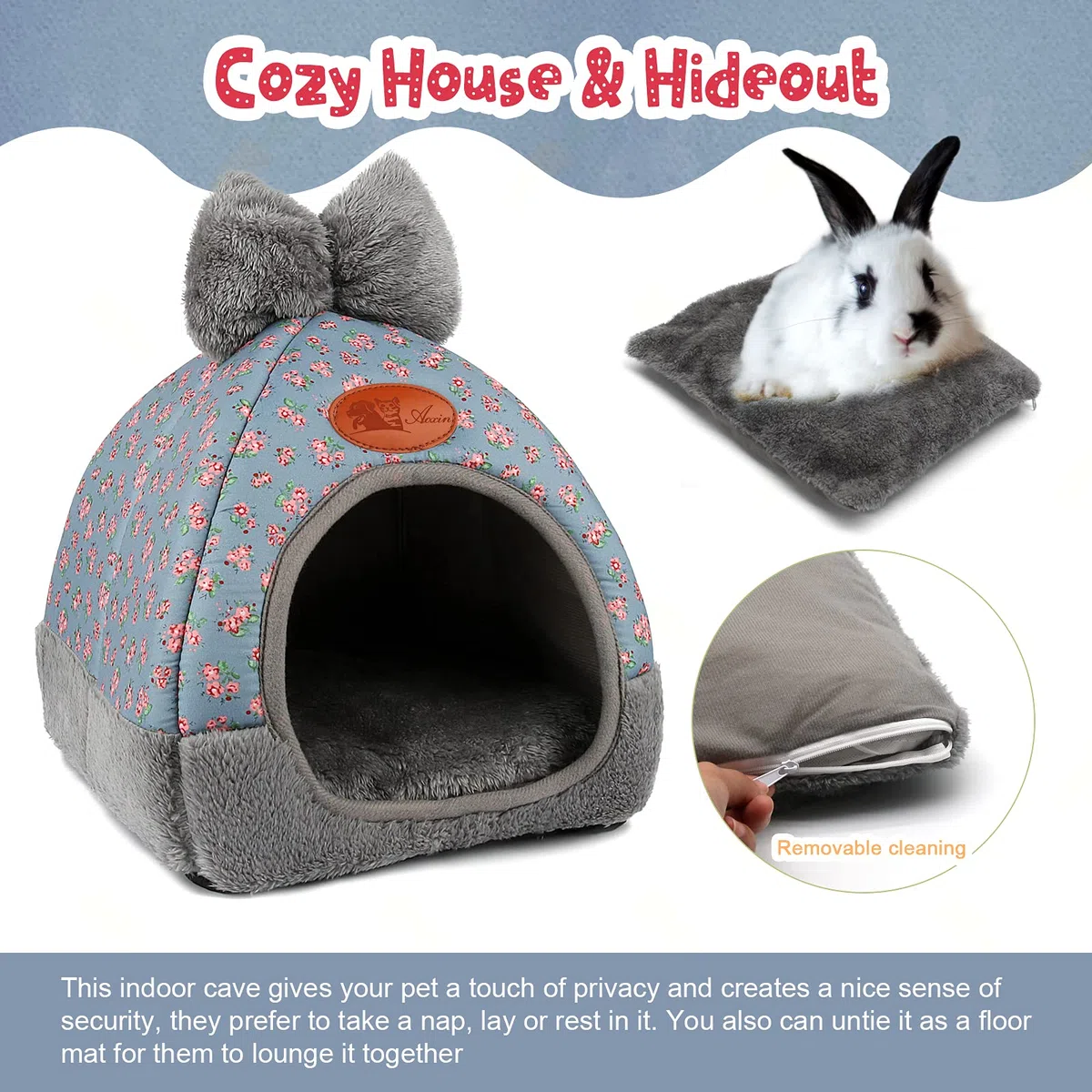 YUEPET Hasenbett, warmes Meerschweinchen-Höhlenbett, niedliche Schleife, großes Versteck, Käfigzubehör für Zwergkaninchen, Hamster, Kaninchen, Frettchen, Ratten, Igel, Chinchilla (Blume)