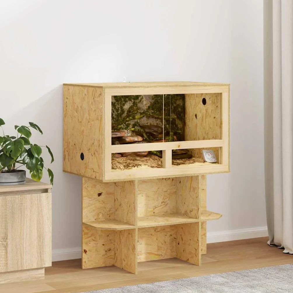 Terrarium Braun OSB 80 x 50 x 100 cm mit Glas Schiebetür, Thermometer, Innenbereich für Reptilienhaus, Vivarium, Paludarium, Wüstenterrarium, Regenwaldterrarium, Amphibie, Habitat