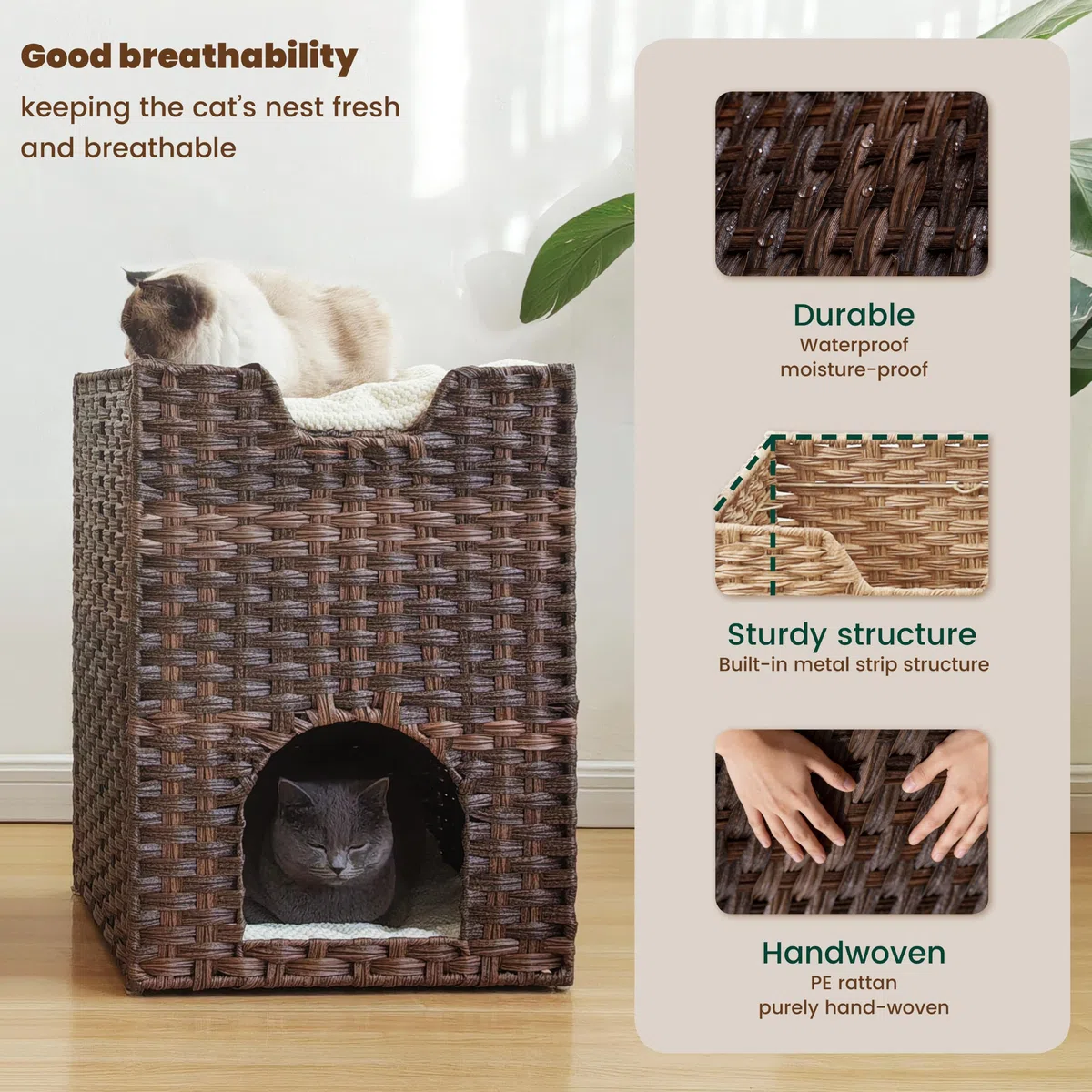 Katzenbett für Indoor-Katzen, ein stilvolles Katzenversteck & Katzenhaus - Handgewebtes Rattan-Katzenhöhlenbett mit weichem Kissen, faltbare Katzenwürfel für Indoor-Katzen, stabile Katzen-Sitzstange