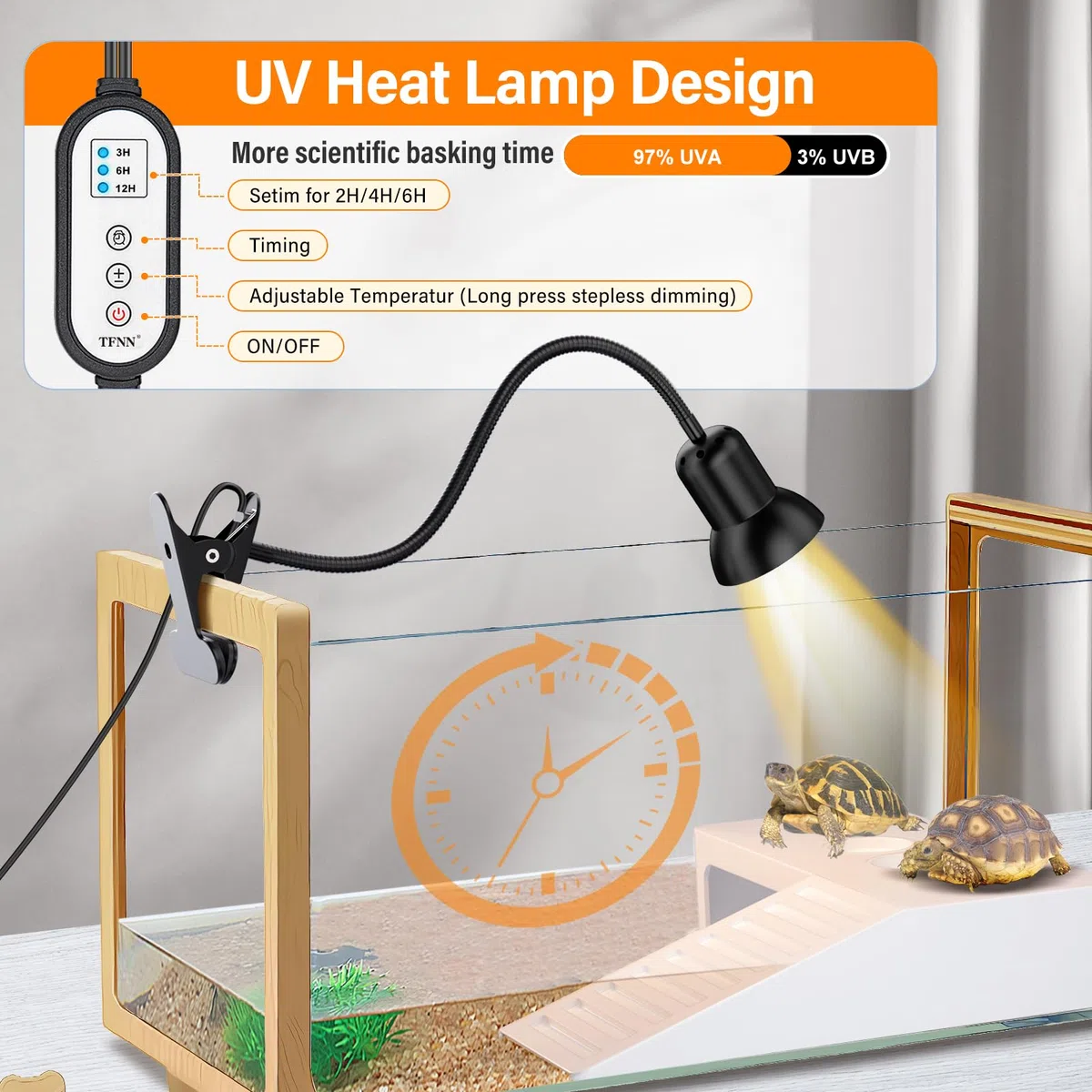 TFNN Reptilien Wärmelampe mit Klemmen, UVA UVB Reptilienlicht mit intelligentem Zyklus-Timer für Schildkröte, Bartdrachen, Eidechse und mehr, 2 Lampen 50 W + 75 W