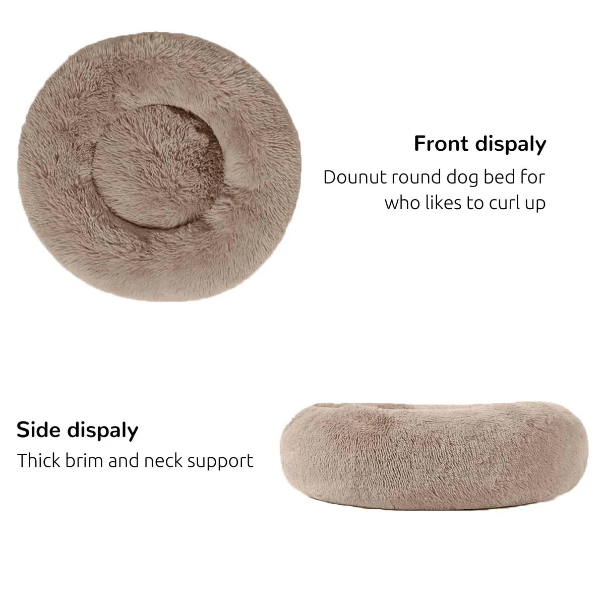 HACHIKITTY Calming Donut Cuddler Hundebett, rund, flauschiges Haustierbett mit eingenähtem Kissen für große Hunde, waschbar, groß, Taupe, 58 cm