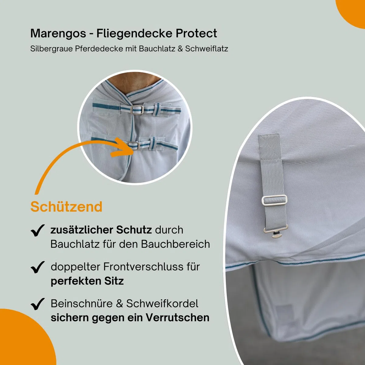 Marengos - Fliegendecke Protect mit Bauchlatz & Schweiflatz | robuste & feinmaschige Pferdedecke zum Schutz vor Insekten | doppelter Frontverschluss | Outdoor-Pferdedecke in Silbergrau | 125cm