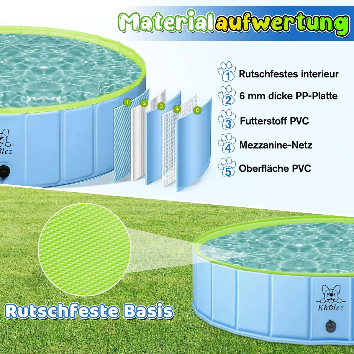 KHOLEZ Hundepool, 120 x 30CM Hundebadewanne für Große Kleine Hunde, Faltbarer Hund Planschbecken für Kinder, Tragbar Swimmingpool Schwimmbecken rutschfest mit Badebürste Ablassventil PVC-Aufnäher x 4
