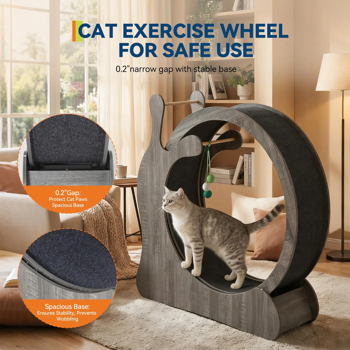 Großes Katzenlaufrad, Katzenrad für Indoor-Katzen, 85,1 cm Innendurchmesser, Holz, Haustier-Laufband mit Kratzbrett und Spielbällen, leiser Katzenradtrainer, Grau
