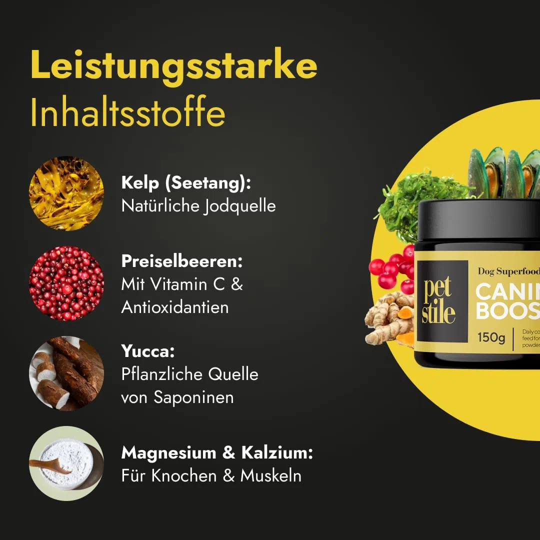 Canine Booster mit Grünlippmuschel-Extrakt für Hunde - Expertenformulierte Superfood-Mischung mit 26 Wirkstoffen - 150g Pulver