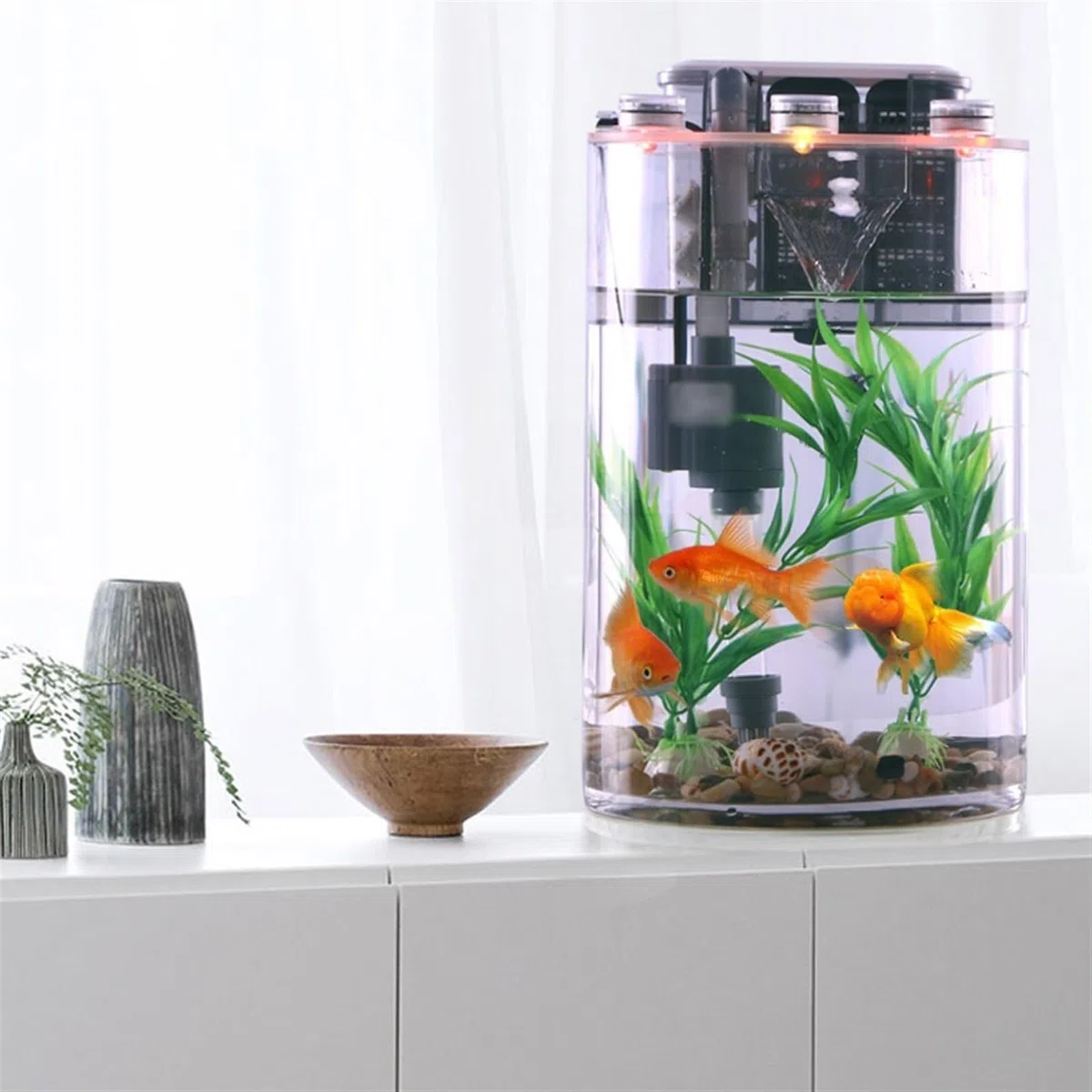 Aquarium, zylindrisch, transparentes Glas, verdicktes kleines Aquarium mit Filterpumpe und LED-Lichtern, einfaches ökologisches Aquarium, Wohnzimmer
