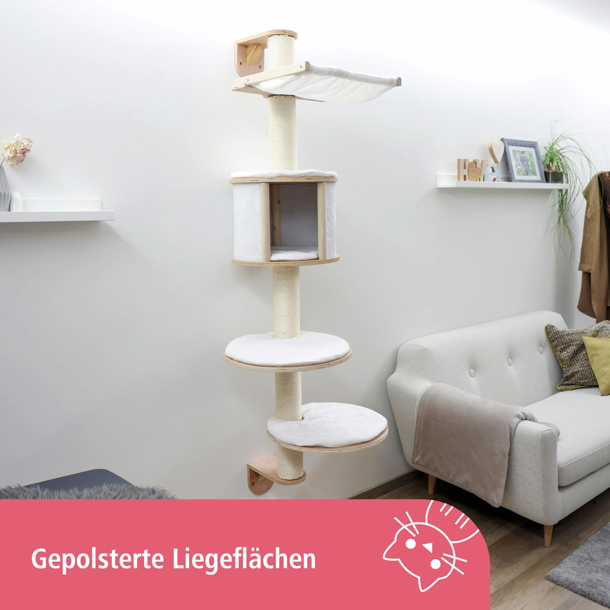 Kerbl Pet Wandkratzbaum Dolomit | Weiß, 168 cm hoch, Wandkratzbaum aus Holz, Plüsch und Sisal, mit abnehmbarem und gepolstertem Kissen