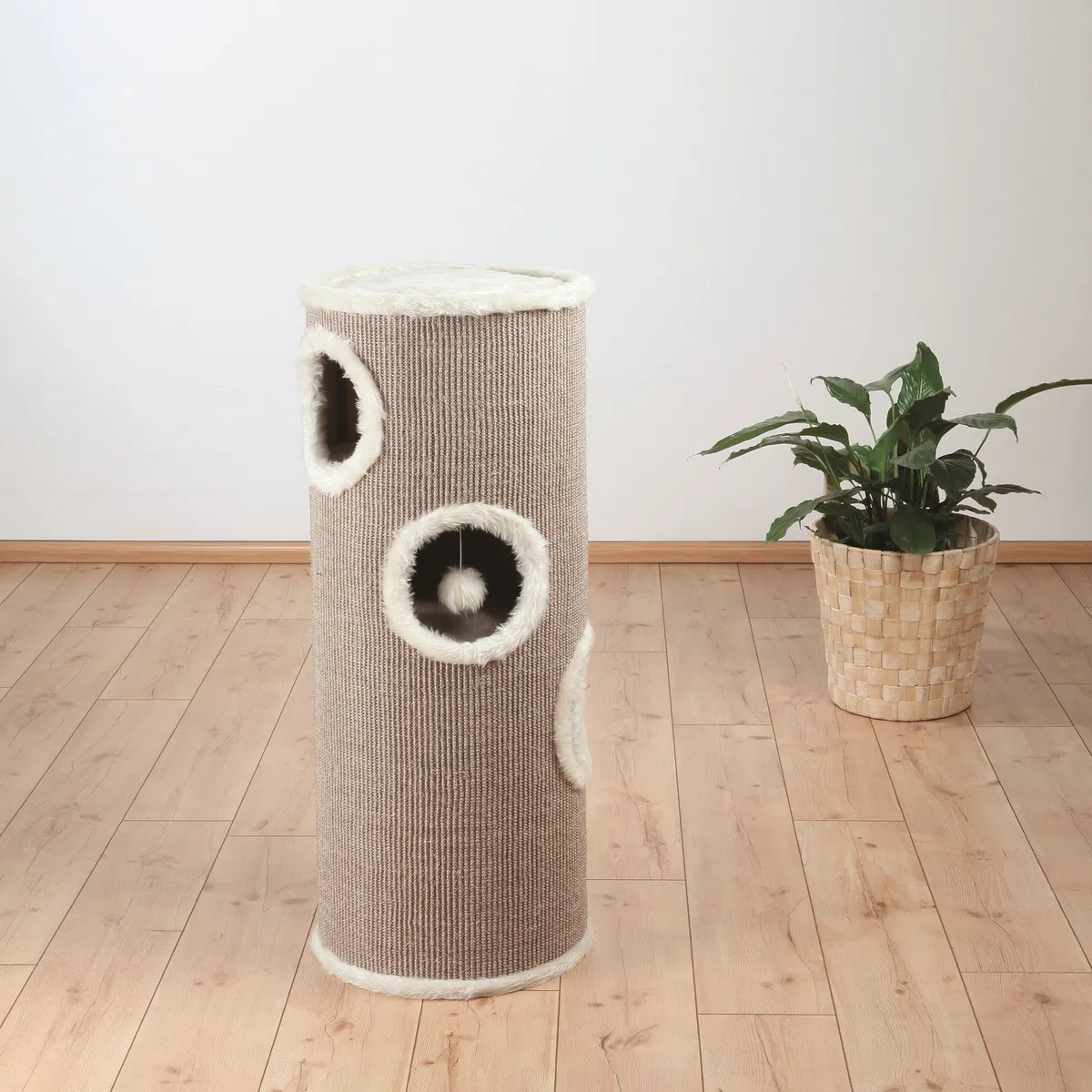 TRIXIE Katzen-Kratztonne Edoardo, zweistöckig, Höhle – 100 cm, Taupe/Creme | Sisal-Kratzflächen zur Krallenpflege – gemütlicher Rückzugsort, komfortabel, standfest und robust gebaut