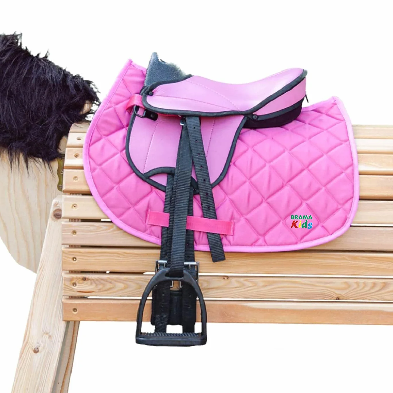 Brama West Holzpferd Sattel Set „My Happy Pony“ | Sattel für Shetty Pony Holzpferd Plüschpferd | mit Satteldecke, Sattelgurt, Steigbügel & Steigbügelriemen - Rosa