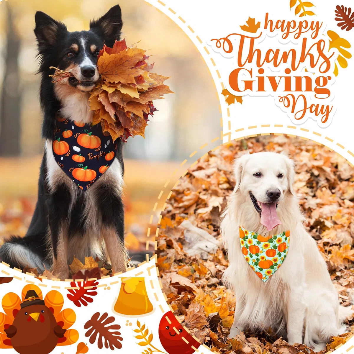 Newwiee 200 Stück Thanksgiving Day Hund Bandana Kürbis und Truthahn Bedruckte Lätzchen Dreieck Hund Taschentuch Verstellbar Haustier Schal Weich Bequem Hund Halstuch für kleine bis große Hunde Welpen