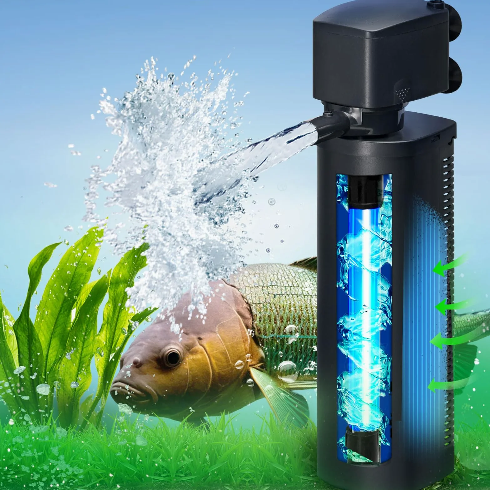 Aquarium Filter 660GPH UV Sterilisator Aquarium 100-400 Gallonen Leistungsstarke Pumpe 24V DC für große Kalttauchfilter Koi Teichkoi, Grüne Tötungsmaschine mit Entferner