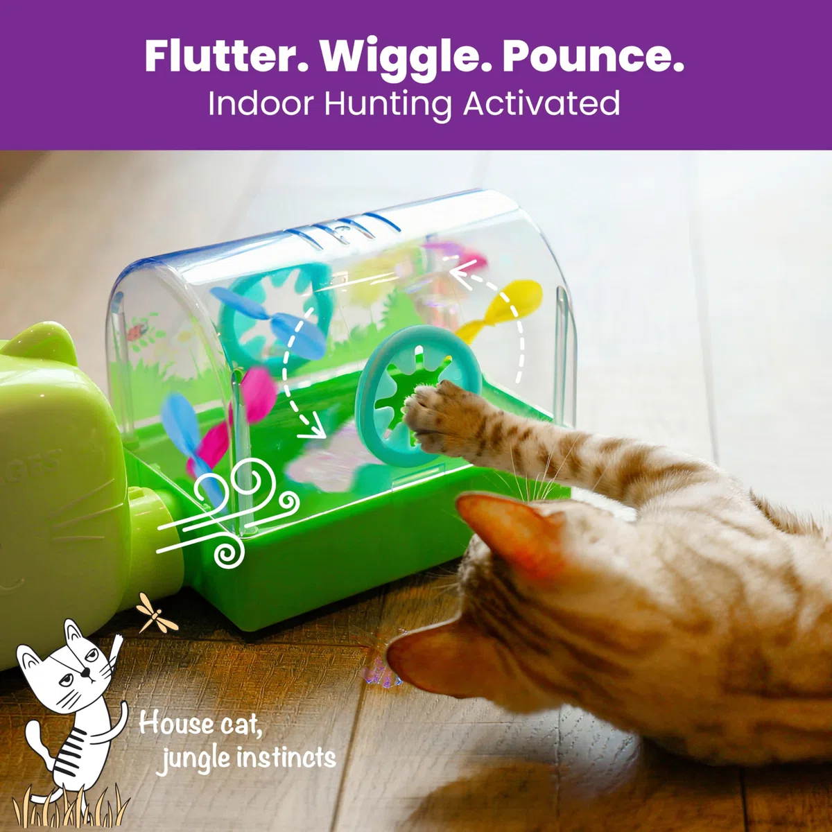 Catstages 2-in-1 Air Blaster Spielset Katzenspielzeug, 2 austauschbare Spielzeuge, Terrarium & Tanzender Kaktus, 1 batteriebetriebener Ventilator