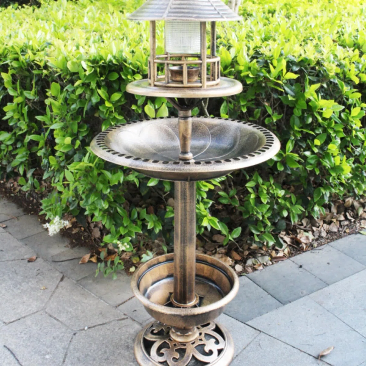 Vogeltränke Freistehend Außen Vogelbad Vogeltränke Kombi mit Led-Beleuchtung Und Laternenaufsatz aus Pp-Material für Gärten Rasenflächen Wege, Bronze, Antikbronze