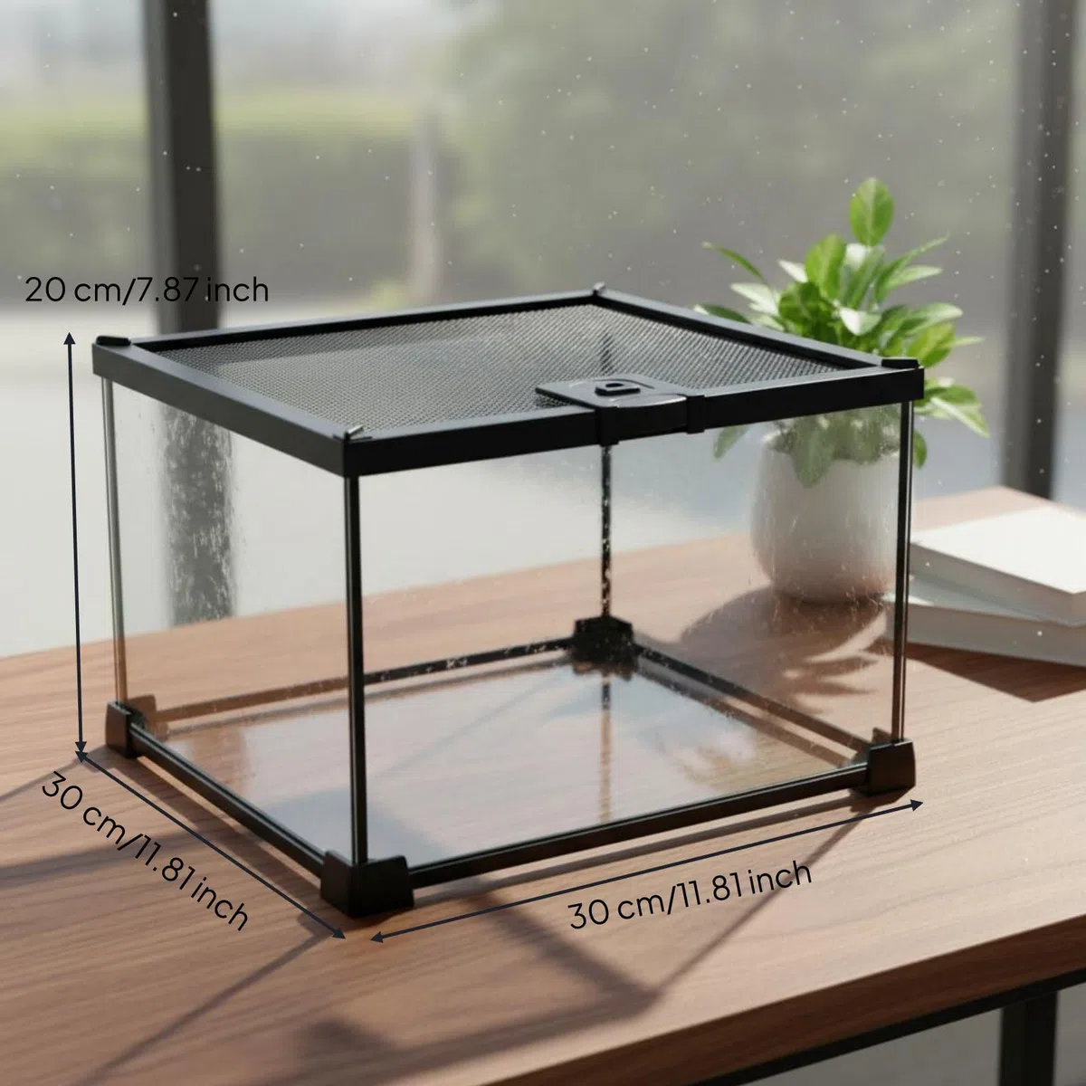 Reptilien-Terrarium Glasbehälter mit Durchsichtigem 360-grad Sichtfeld Und Robuster Zughaube Belüftetes Haustiergehege mit Metallgitter-Abdeckung Und, 30x30x20cm