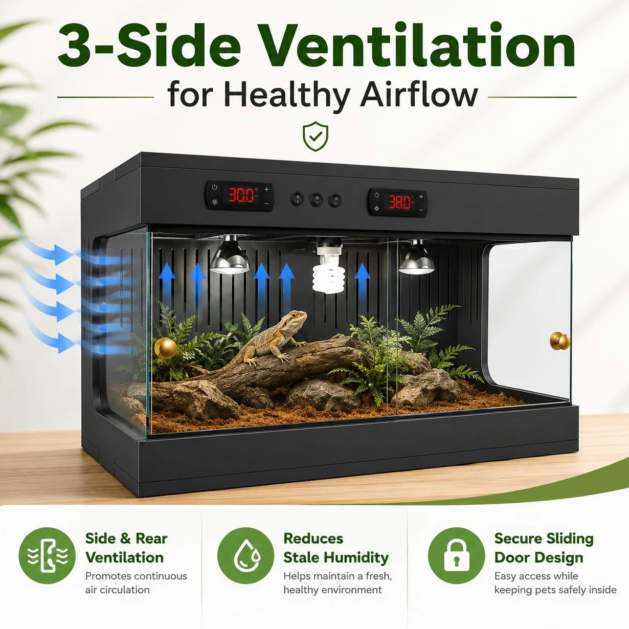 Reptilien-Vivarium, 80 x 40 x 40 cm, Reptilien-Terrarium mit doppeltem Thermostat und Keramik-Lampenfassung, 3-seitige Belüftung, stapelbares Glas-Reptiliengehege für Bartagamen, Schlange, Frosch