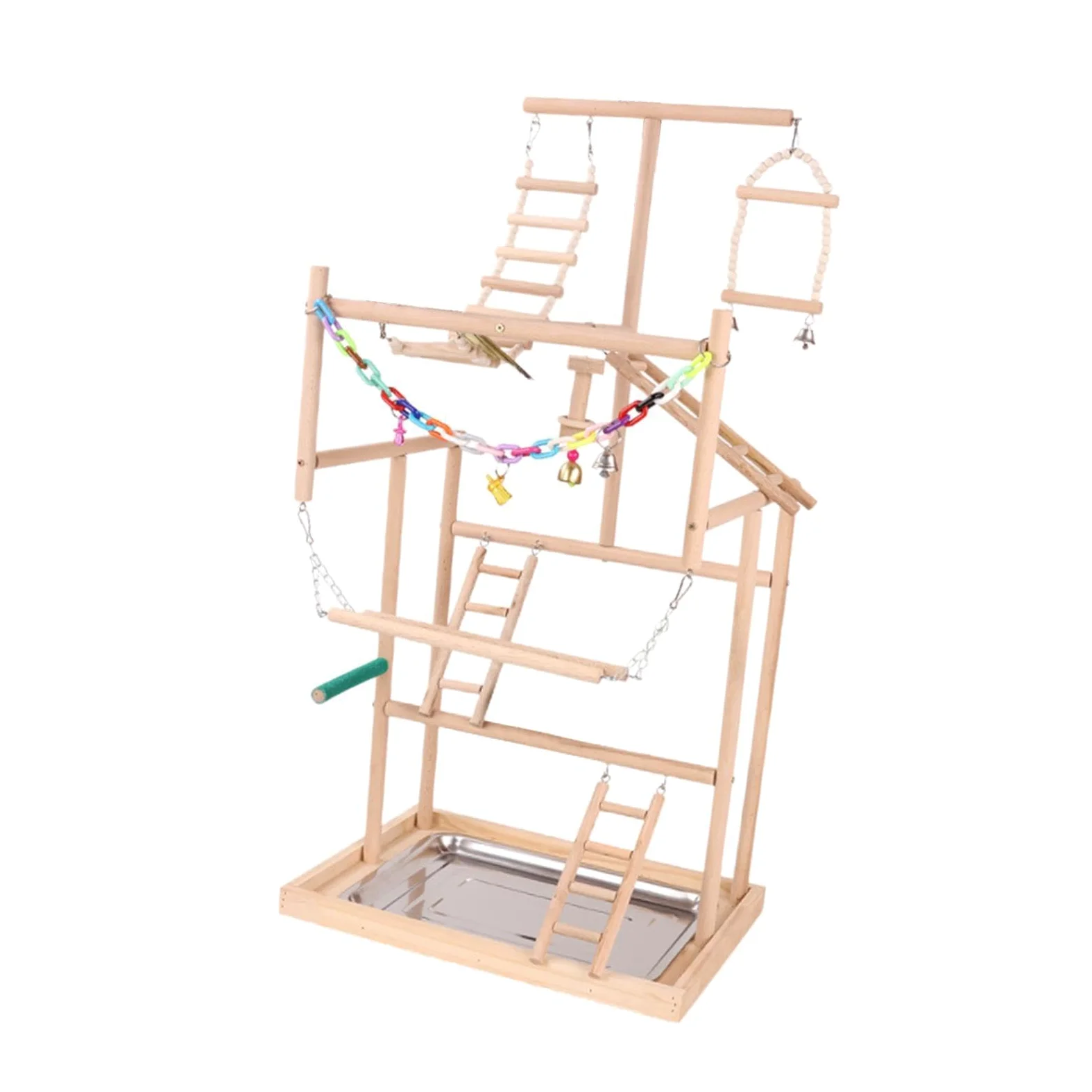 Papageienspielplatz mit Holzkonstruktion und Leiter für sichere und unterhaltsame Spielzeiten. Schwarzer Phönix Papageien Spielplatz mit Schaukel,