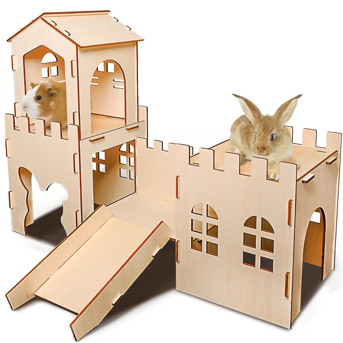 Extra großes hölzernes Kaninchenschloss Versteck Tunnel und Bett Kleintierversteck Hütte solide sichere Konstruktion Spielversteck Hütte für Kaninchen Meerschweinchen Chinchilla