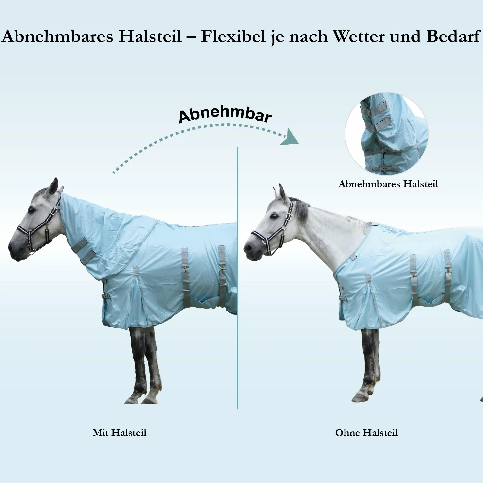 Fliegendecke Pferd mit abnehmbarem Halsteil & Bauchlatz, atmungsaktiv, UV-Schutz, reißfestes Mesh, Sommerdecke 150 cm