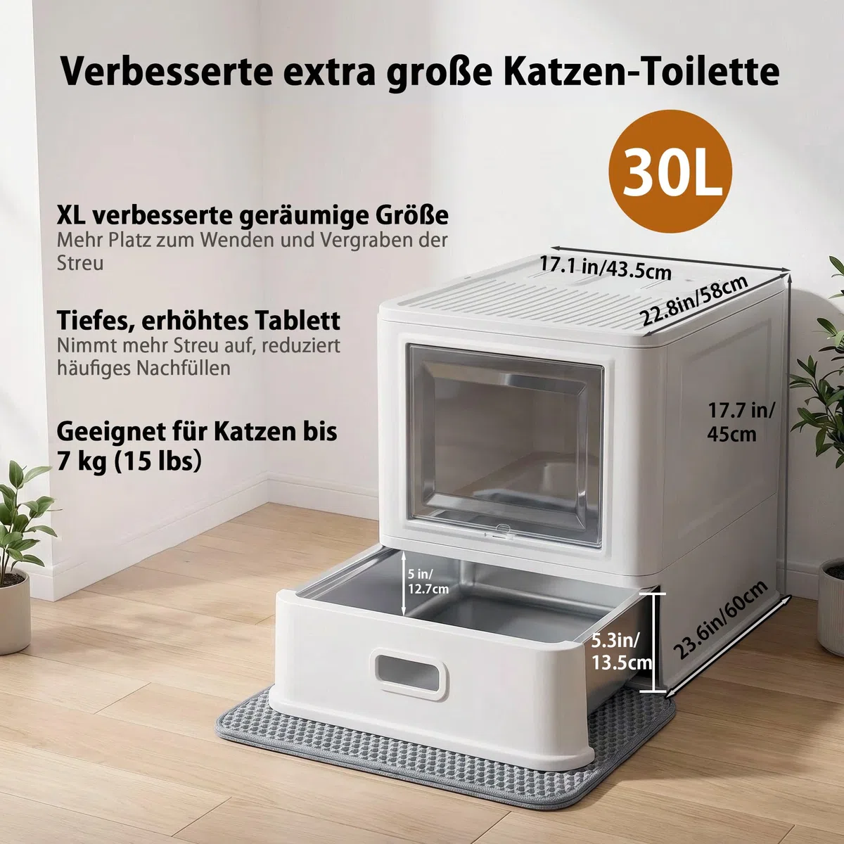 Marchul XL Katzentoilette, Geschlossene Katzentoilette aus Edelstahl mit Deckel und Schubladen-Design, Hohe Seitenwände mit Spritzschutz, Tiefere Schale mit Schaufel und Matte, Eruchsneutral
