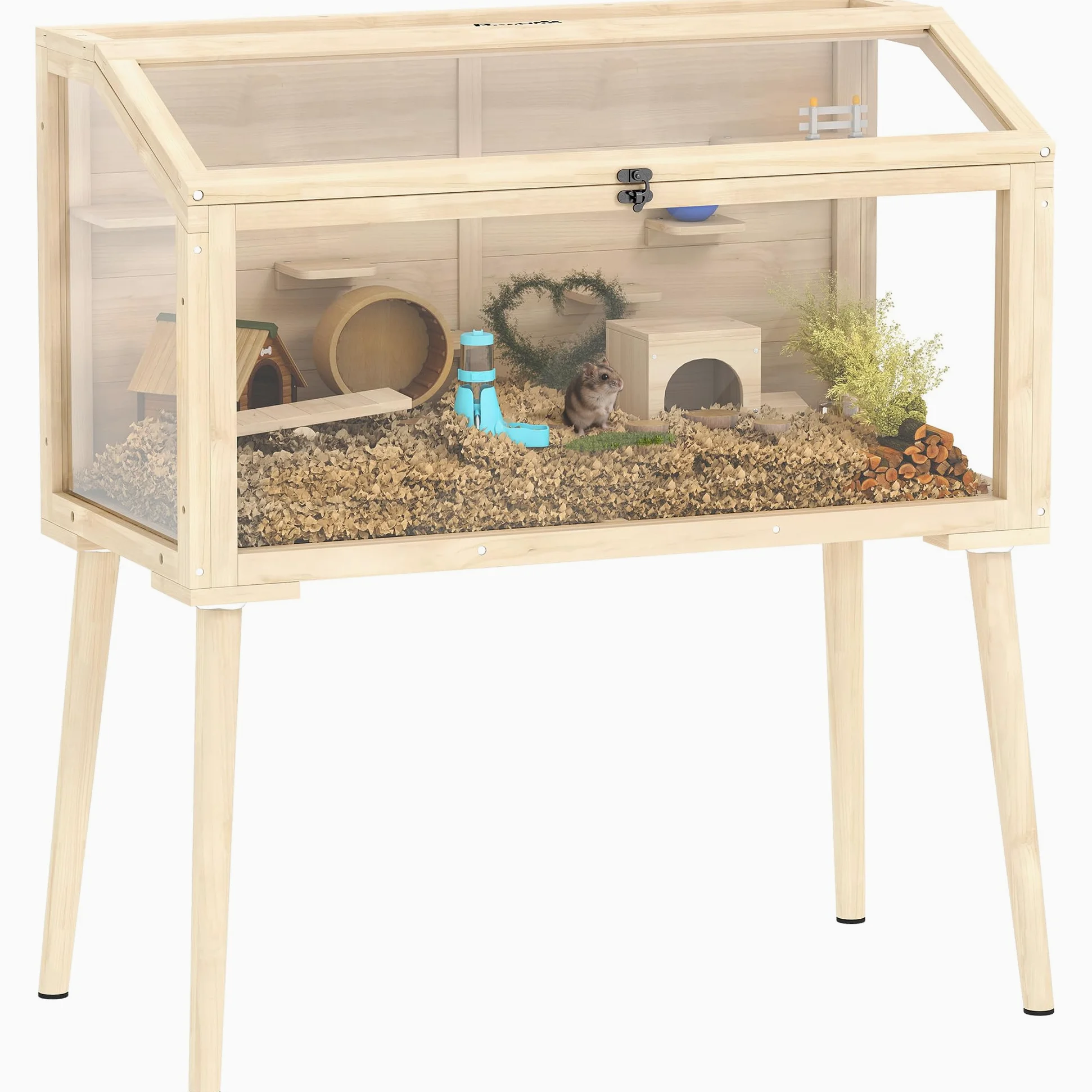 PawHut Hamsterkäfig mit Wippe für Hamster 110 x 52 x 101 cm Naturholz | Zwerghamstergehege, Kükenaufzuchtbox, Wasserflasche, Oberer Tür, Massivholzbeine, Kleintierstall, für Hühnchen Vögel