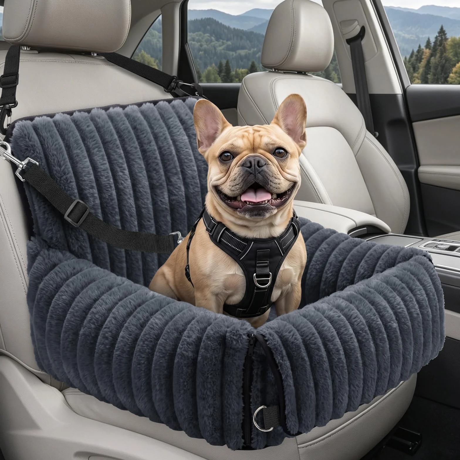 MIXJOY Hunde Autositz für kleine bis mittlere Hunde, Waschbarer Ansteckbare Leine verdickter Memory-Schaum-Füllung, Hundebett Auto für Rückbank Vordersitz, Grau
