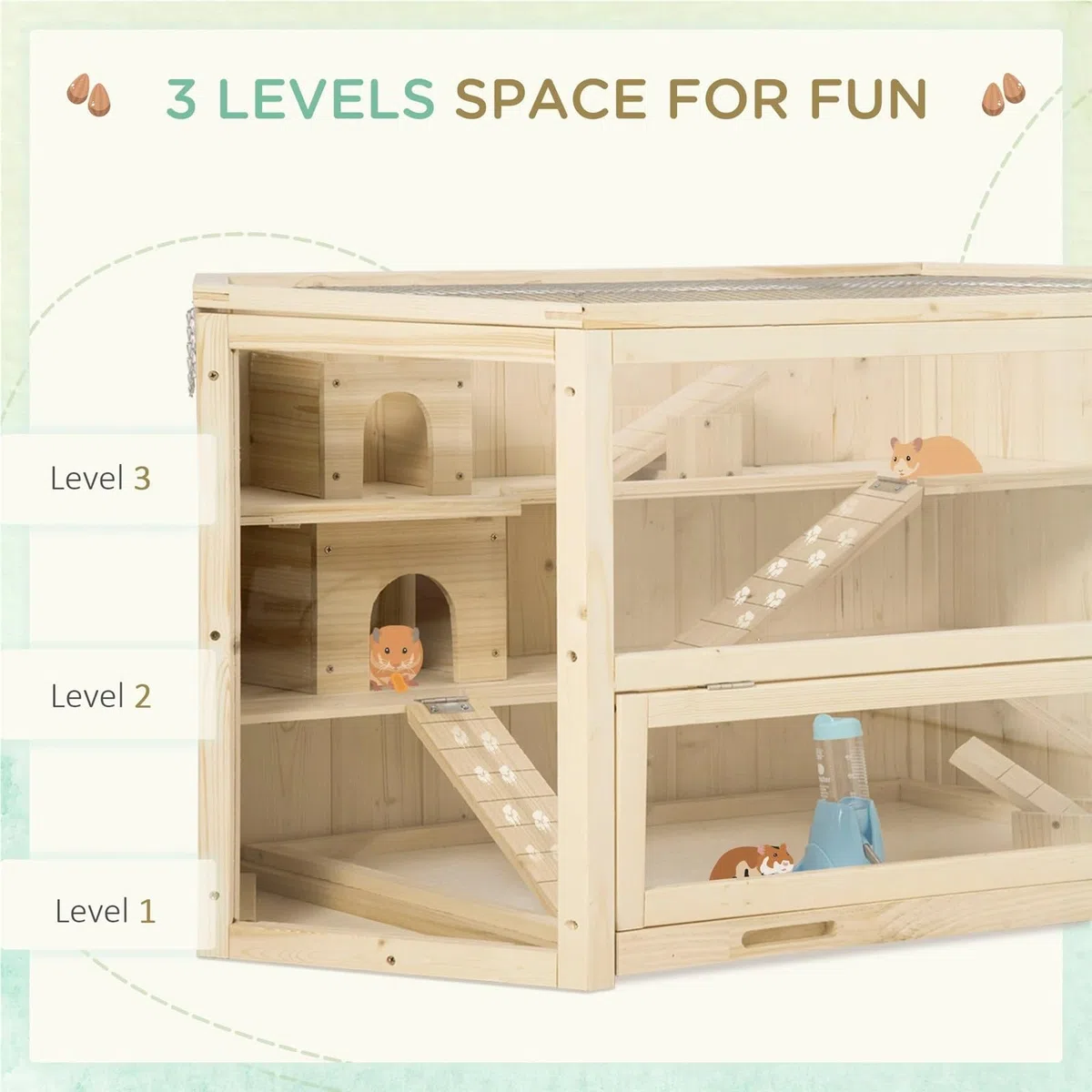 Hamsterkäfig Hölzerner großer Hamsterkäfig, Kleintier-Übungsspielhaus, 3-stöckig, mit verschiebbarem Tablett, Wippen, Wasserflasche für Haustiere(Brown)