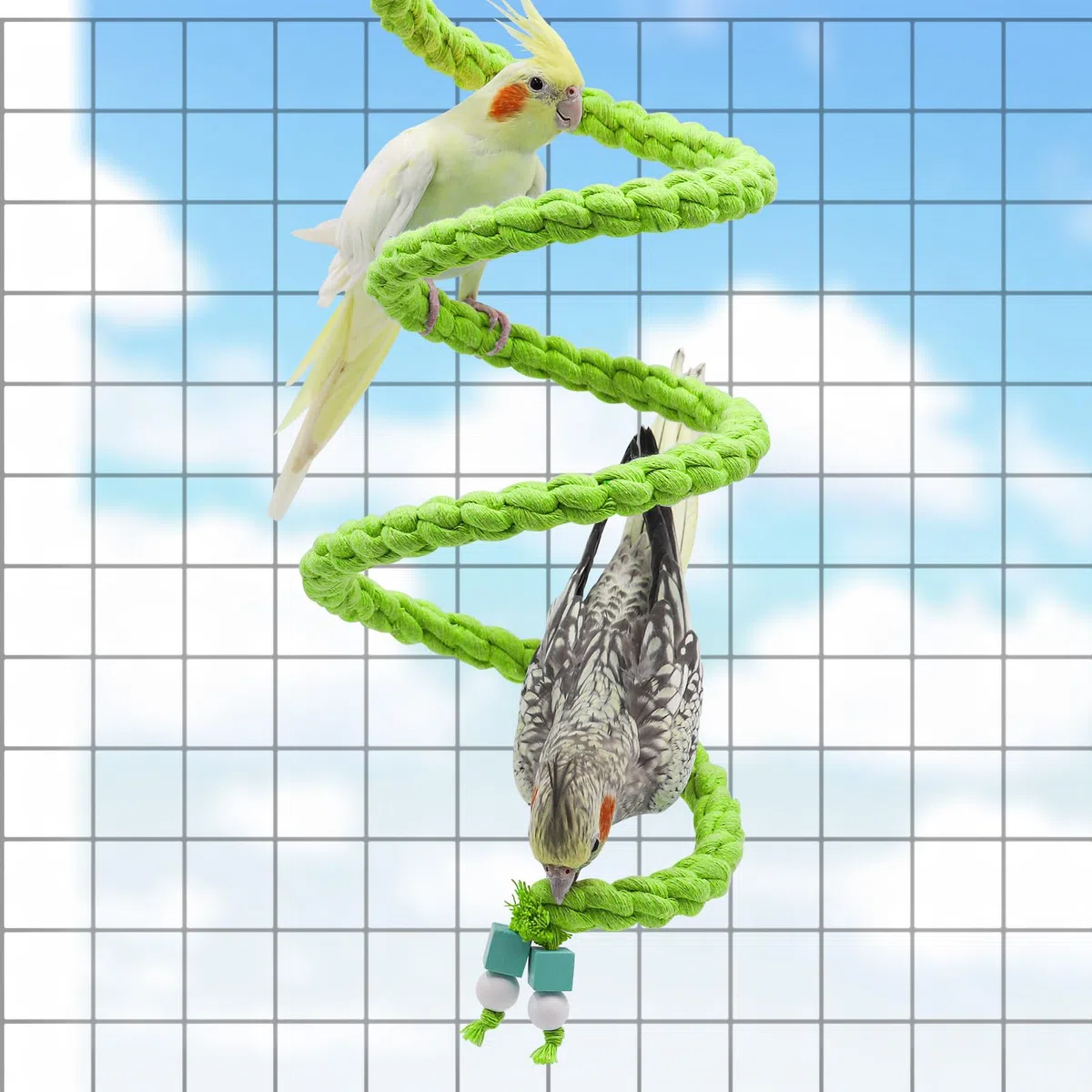 Dnoifne Vogel-Spiral-Seilsitzstange, Vogelseil-Schaukel-Sitzstange, Vogelkäfig-Ständer, Stangenzubehör, stehendes Kletterspielzeug für Papageien, Sittiche, Wellensittiche, Nymphensittiche
