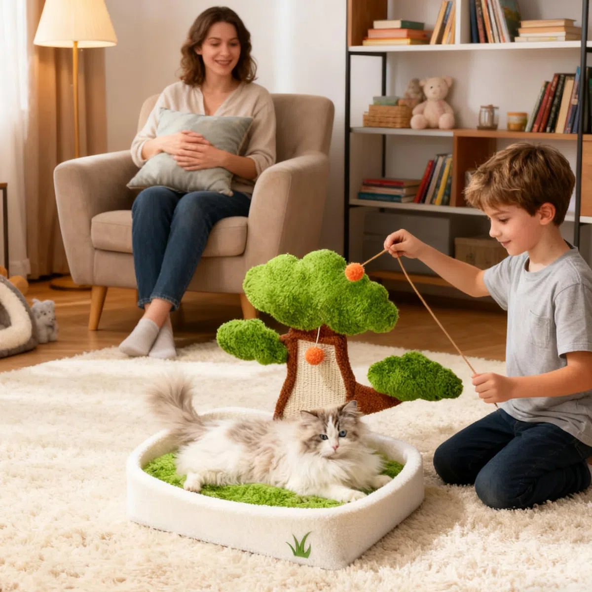 Katzenbett – 51 x 41 x 54 cm, Katzenhöhle, kurzes Plüsch-Nest, Schlafbett | für den Innenbereich, mit Plüschball, Kratzkissen, abnehmbar, waschbar, Unterschlupf für Schlafzimmer, Wohnzimmer