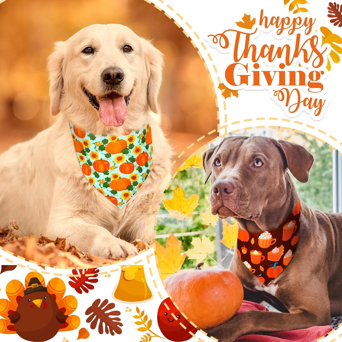 Newwiee 200 Stück Thanksgiving Day Hund Bandana Kürbis und Truthahn Bedruckte Lätzchen Dreieck Hund Taschentuch Verstellbar Haustier Schal Weich Bequem Hund Halstuch für kleine bis große Hunde Welpen