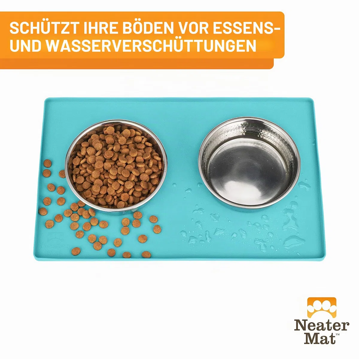 Neater Pet Brands Napfunterlage Hund und Katzen Wasserdicht - Silikon Katzen- und Hundenapf Unterlage - Futtermatte Hund und Katzen Schützt Böden vor Futter und Wasser (40,6 x 25,5 cm, Aquamarin)