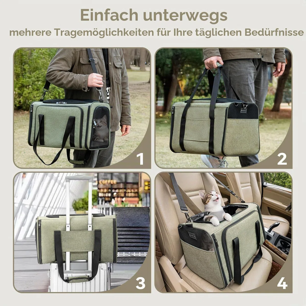 Petsfit Erweiterbare Haustier-Tragetasche, von Fluggesellschaften zugelassen, weiche Seiten, tragbare Katzen- und Hundetragetasche, mit abnehmbarer Plüschmatte, verschließbaren