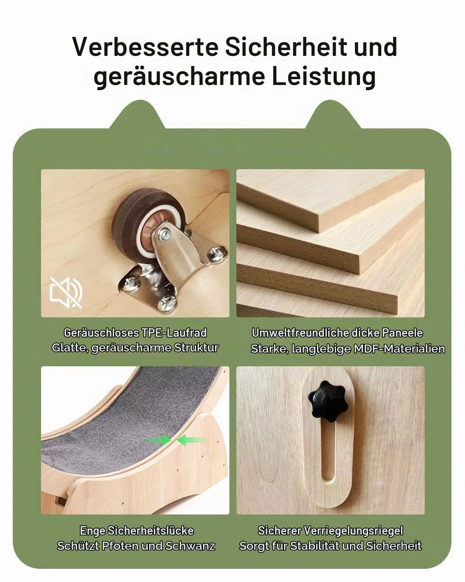 Katzenlaufrad aus Holz 110 cm Leises Laufrad Katze für Tägliches Training | Katzenrad mit Sicherheitsverschluss & 2 Abnehmbaren Teppich-Laufflächen, Bis 12 kg Belastbar, Geeignet für die Meisten Katzen
