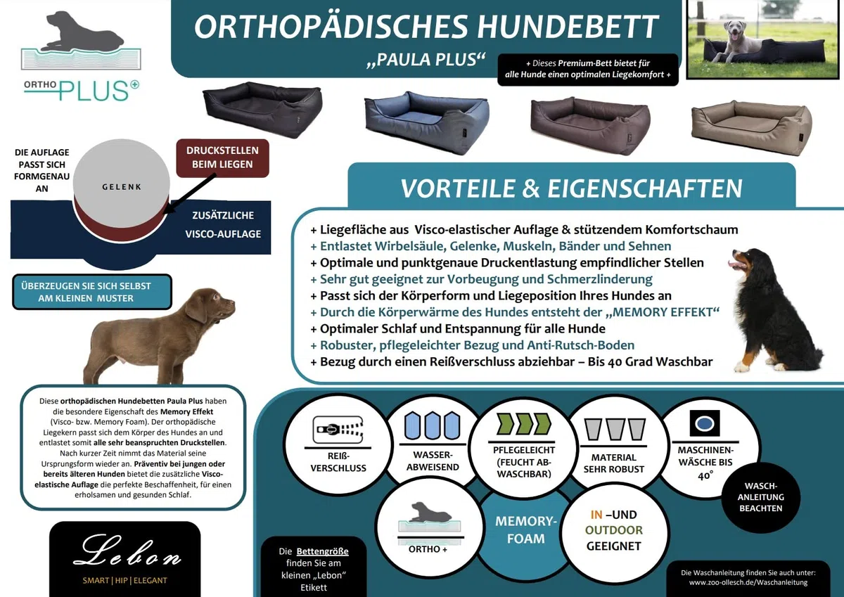 Lebon - Hundebett Paula Plus Schwarz - Orthopädisch - 3 Größe - 80 cm - 100cm - 120cm -Mit Reißverschluss und waschbar - Pflegeleicht - Schmutz - und Wasserabweisend (XL)