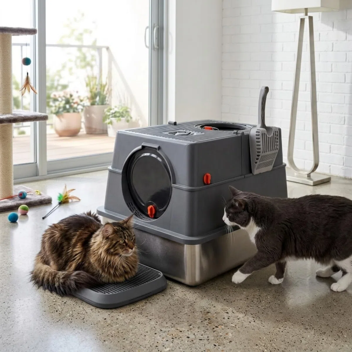 Haubentoilette mit Edelstahlschale geräumig Katzentoilette mit Edelstahlschale hygienisch Katzentoilette Haube für Katzenbesitzer, Haushalt, Graphitschwarz, XXXL-mit Streumatte