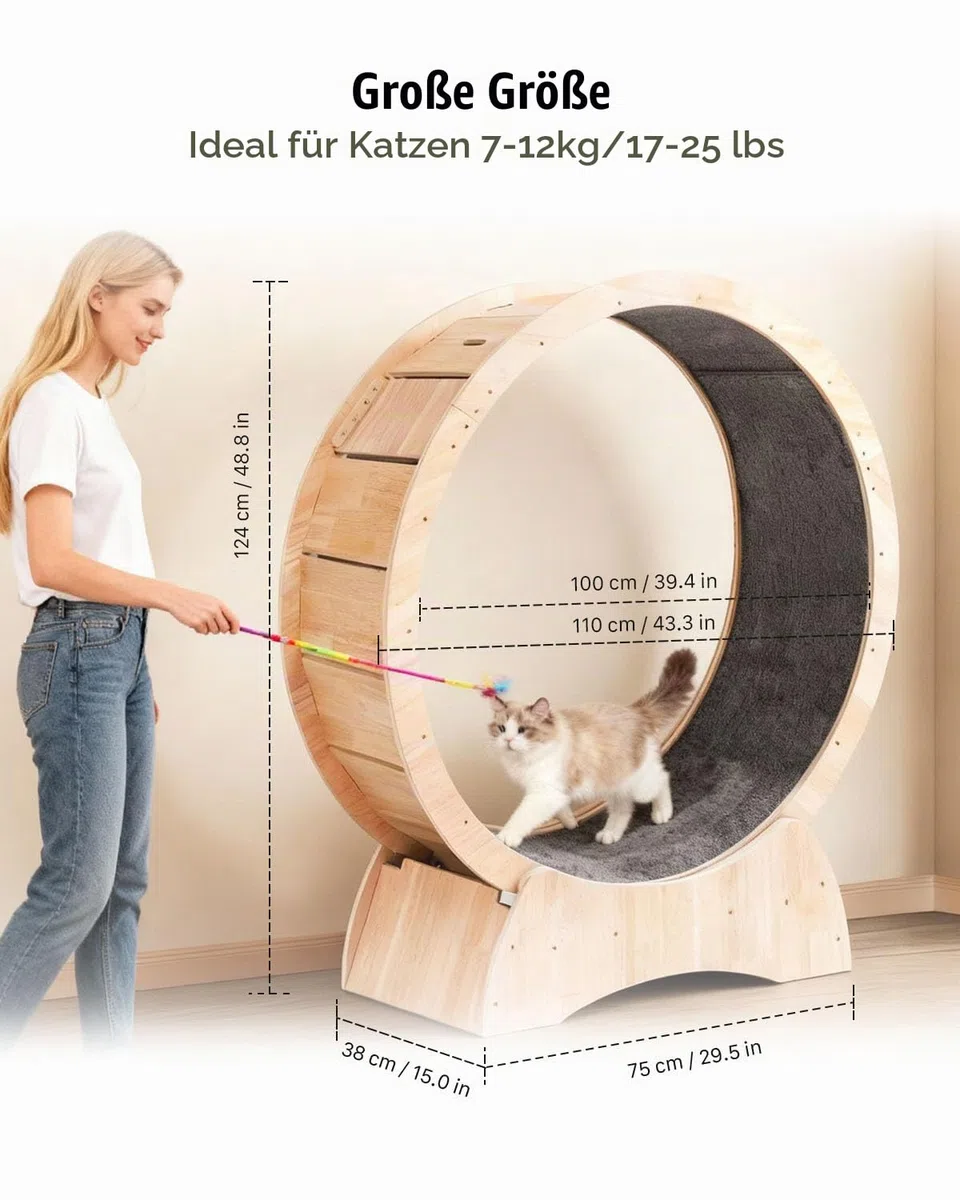 Katzenlaufrad aus Holz 110 cm Leises Laufrad Katze für Tägliches Training | Katzenrad mit Sicherheitsverschluss & 2 Abnehmbaren Teppich-Laufflächen, Bis 12 kg Belastbar, Geeignet für die Meisten Katzen