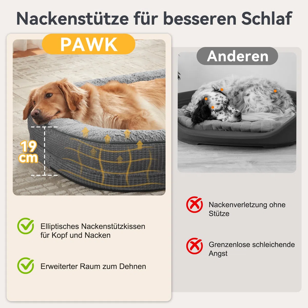 Pawk Orthopädisches Hundebett Mittelgroße Hunde, 89x63cm Vierseitiges Nackenrolle Hundebett Orthopädisch, Memory Foam Hundekorb Wasserdicht rutschfest, Hundebetten Abnehmbar und Waschbar Outdoor, Gris