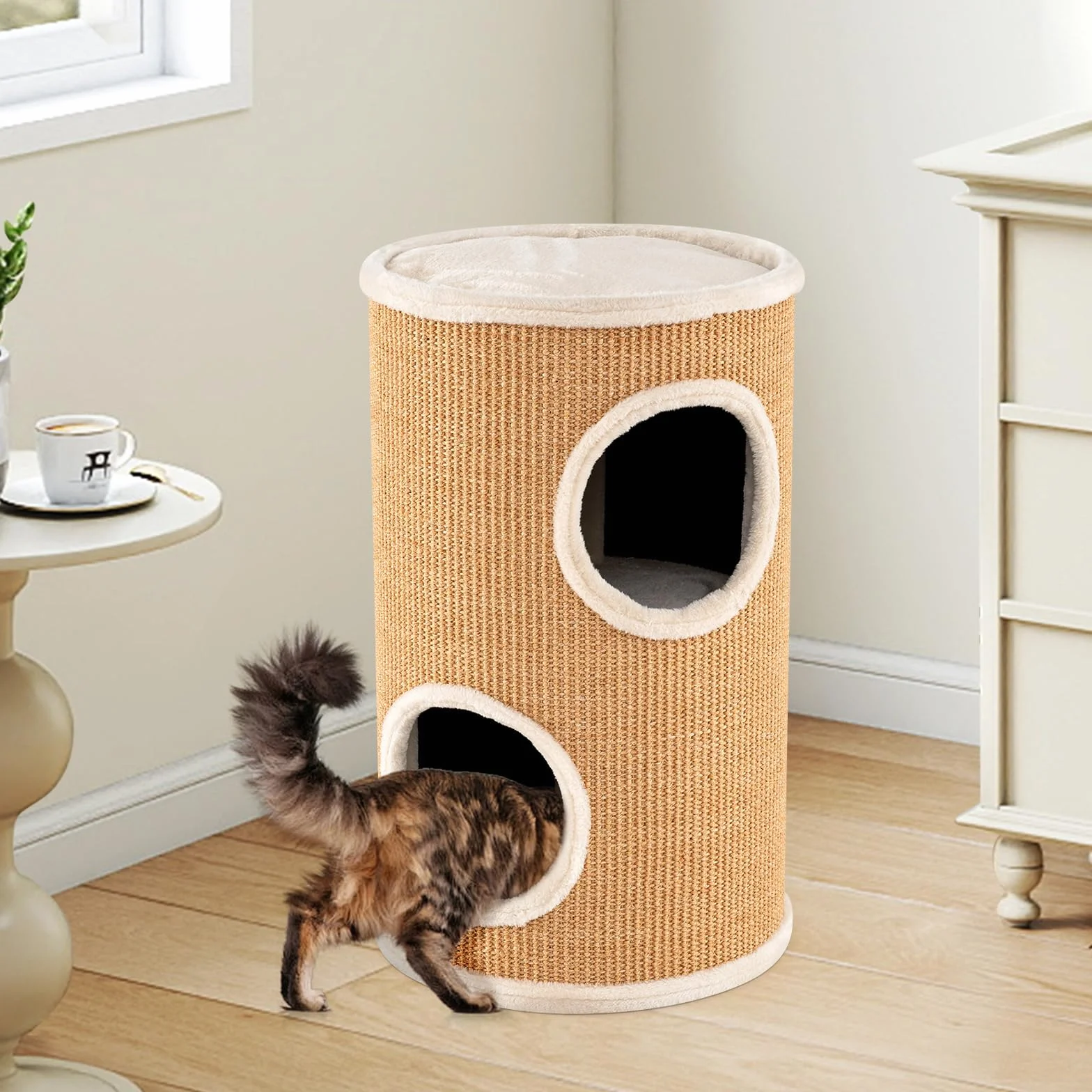 GOPLUS Kratztonne 3 Ebenen, 60 cm Katzentonne mit 3 Höhlen, Plüschbett, Liegefläche & Sisal-Kratzbrett, Kratzbaum für kleine & mittelgroße Katzen, Katzenkratzbaum, Ø 36 cm (60 cm,Hellbraun)