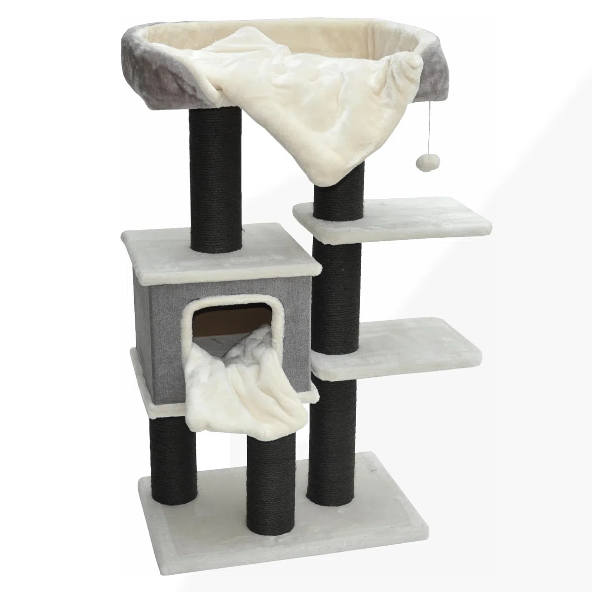 nanook Kratzbaum Katzenkratzbaum für Katzen - Katzenhöhle - Schwarze Sisalstämme - kuschlieger XL Schlafplatz - 119 x 77 x 42 cm - grau beige