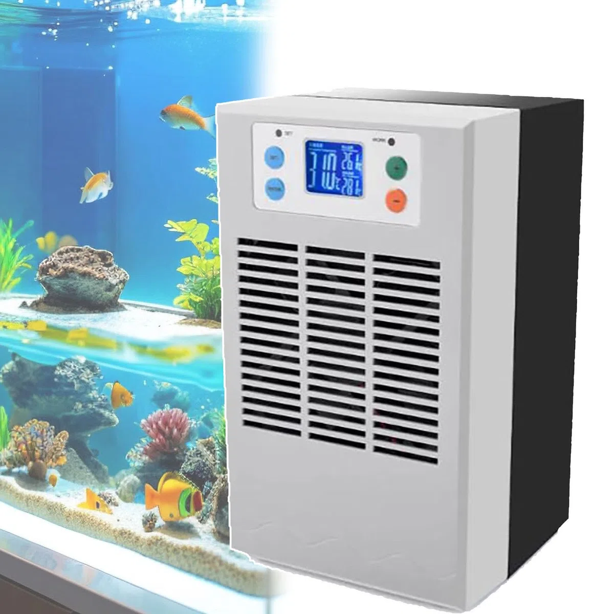 20/30-Liter-Aquarienkühler, Leistung: 70/100 W | Kühlwasserkapazität: 0-35 l, eingebauter Lüfter/schnelle Wärmeableitung, geräuscharmer Betrieb, mit 2 m Wasserschlauch