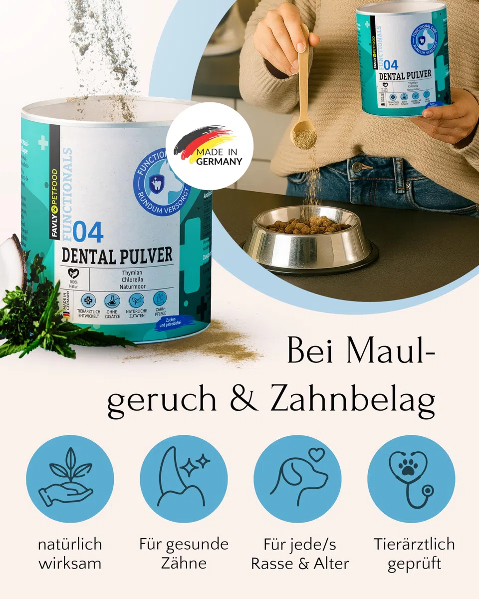 FAVLY – DENTAL Zahnpflege Pulver für Hunde 250g – Ergänzungsfuttermittel Zahnpulver Topping Hund gegen Maulgeruch & Zahnbelag – mit Bio-Chlorella & Salbei – ohne Getreide & Zusätze