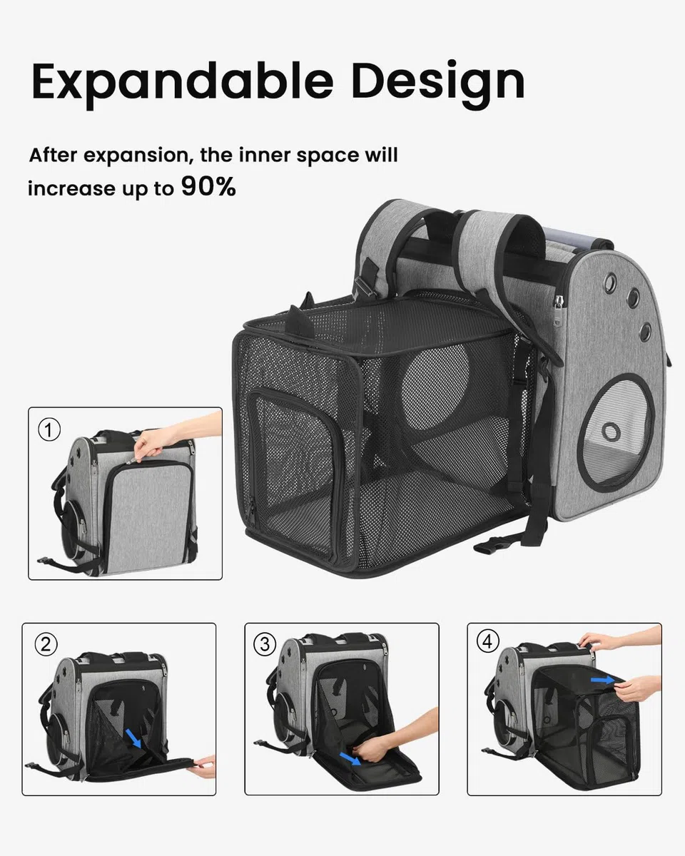 Erweiterbarer Haustier-Rucksack für Katzen, Hunde und Kleintiere, tragbare Haustier-Reisetasche, super belüftetes Design, Fluggesellschaft genehmigt, ideal für Reisen/Wandern/Camping